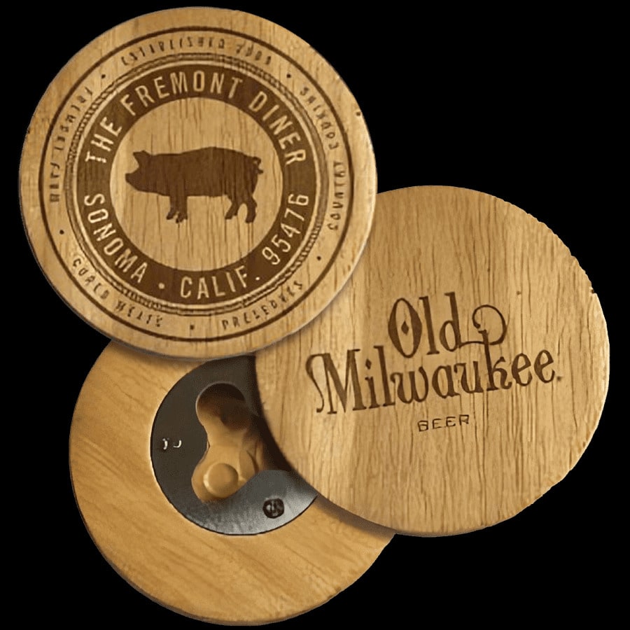a few examples of wooden bottle openers with custom designs