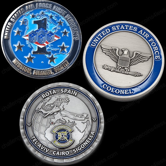 three examples of air force challenge coins with custom designs