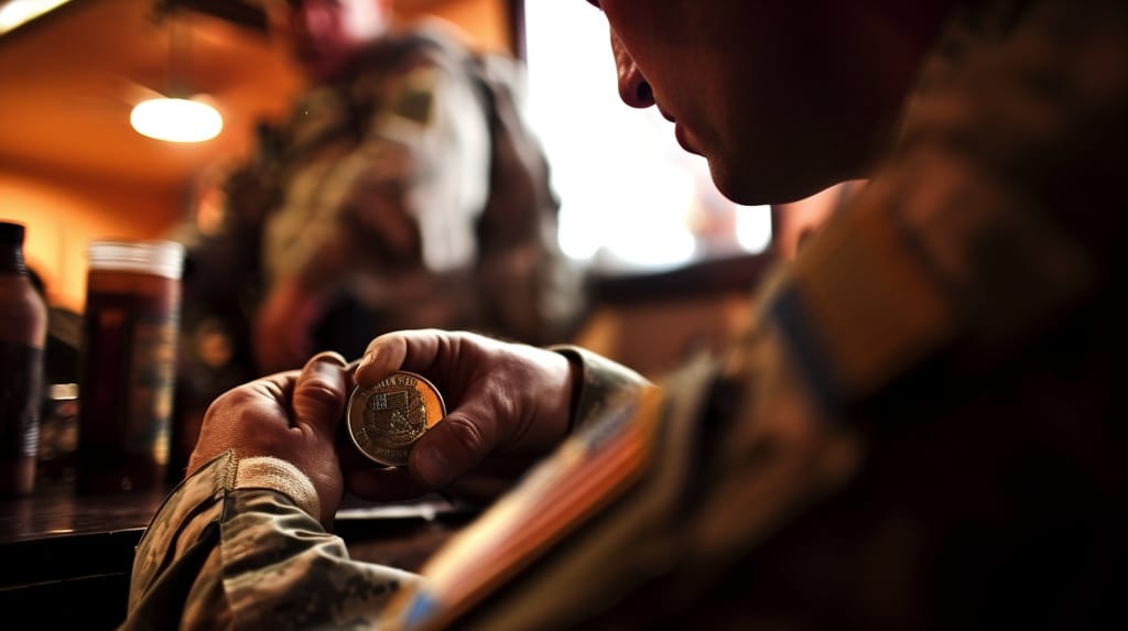 soldier presenting a challenge coin at a bar