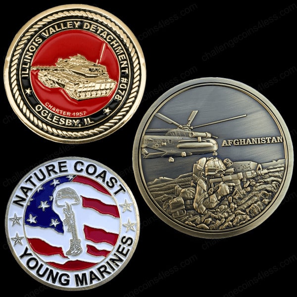 three examples of marine challenge coins