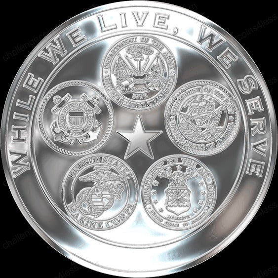 A commemorative silver military coin with the central star surrounded by emblems of the five U.S. Armed Forces, along with the inspiring words 'WHILE WE LIVE, WE SERVE' circling the perimeter, signifying the unity and dedication of military service.