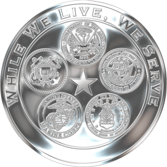 polished silver military challenge coin with military emblems on its obverse side
