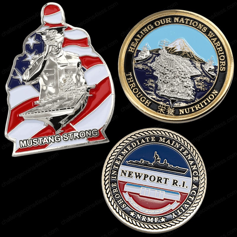 three examples of navy challenge coins with custom designs