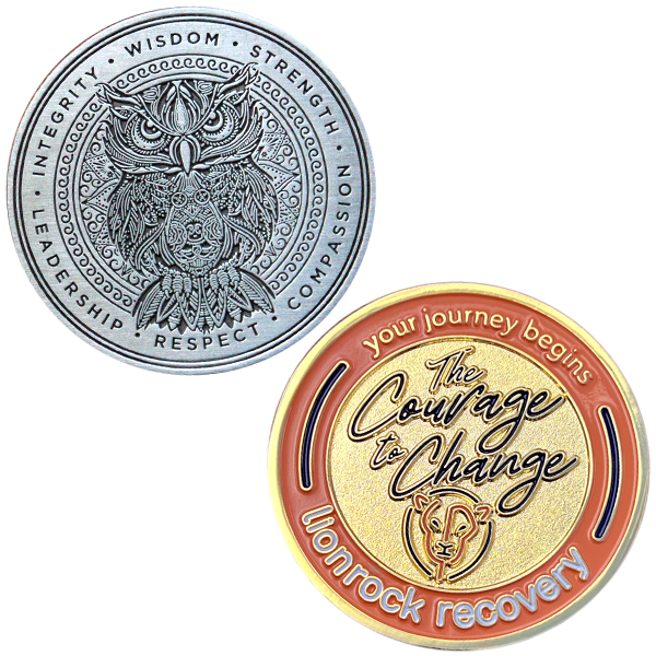 2 examples of sobriety challenge coins with custom designs