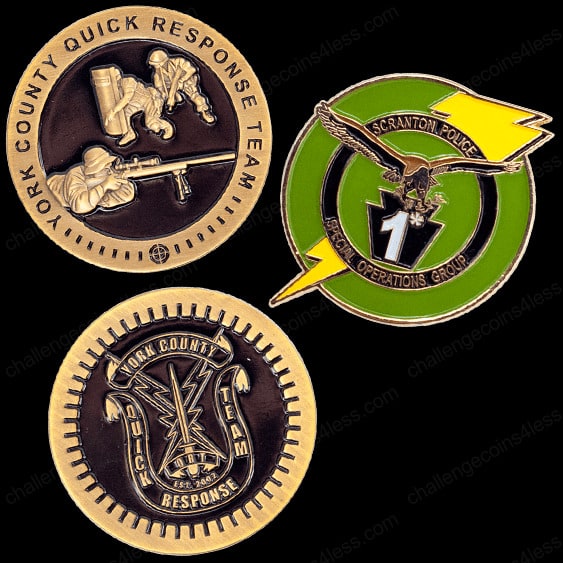 examples of various SWAT challenge coins with custom designs