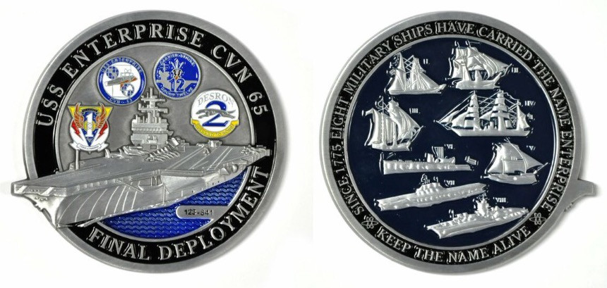 Front and back of a coin design for the USS Enterprise CVN 65