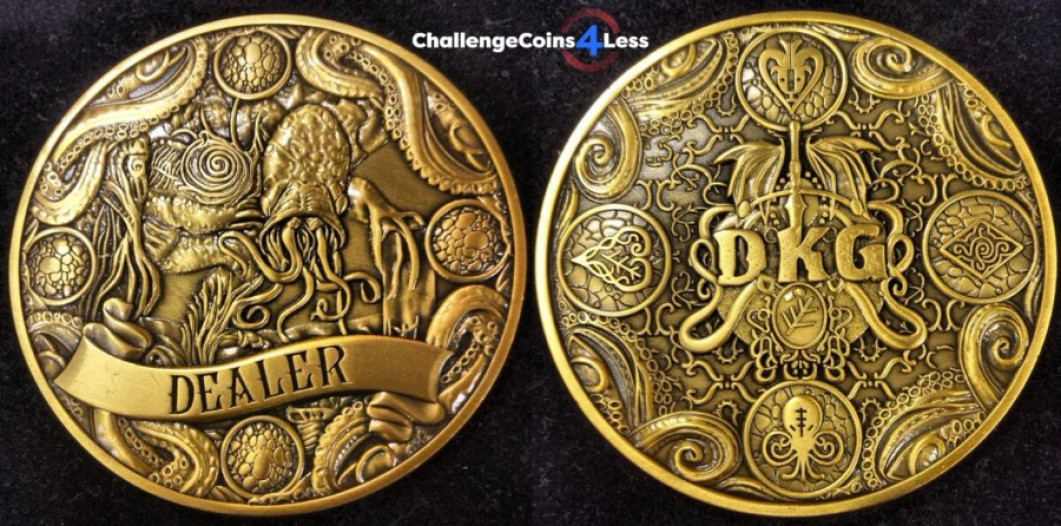 Front and back of a sea monster coin design for a high-stakes game of poker