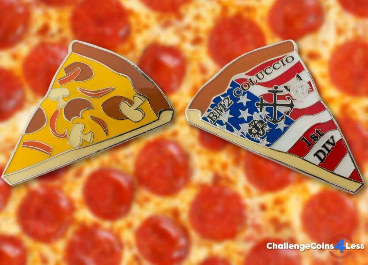 Front and back of a pizza coin design for a the military